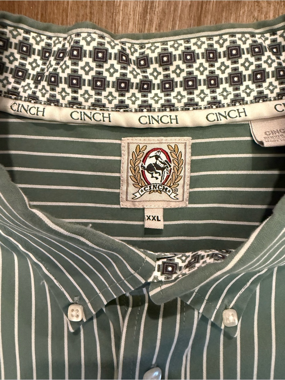 Cinch Mens Olive Green & White Striped Button-Down Shirt - Picture 3 of 6
